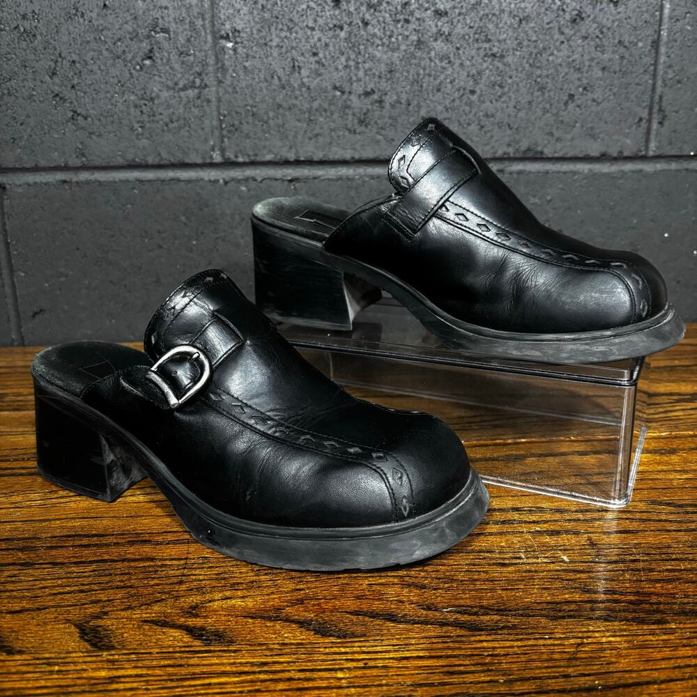 Vintage Y2K American Eagle Black Leather Chunky Heel Mule Clogs Brazil Women’s 9